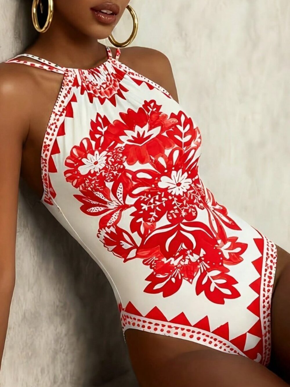 Red Sexy Women's One-Piece Bohemian Floral Print Backless Swimsuit